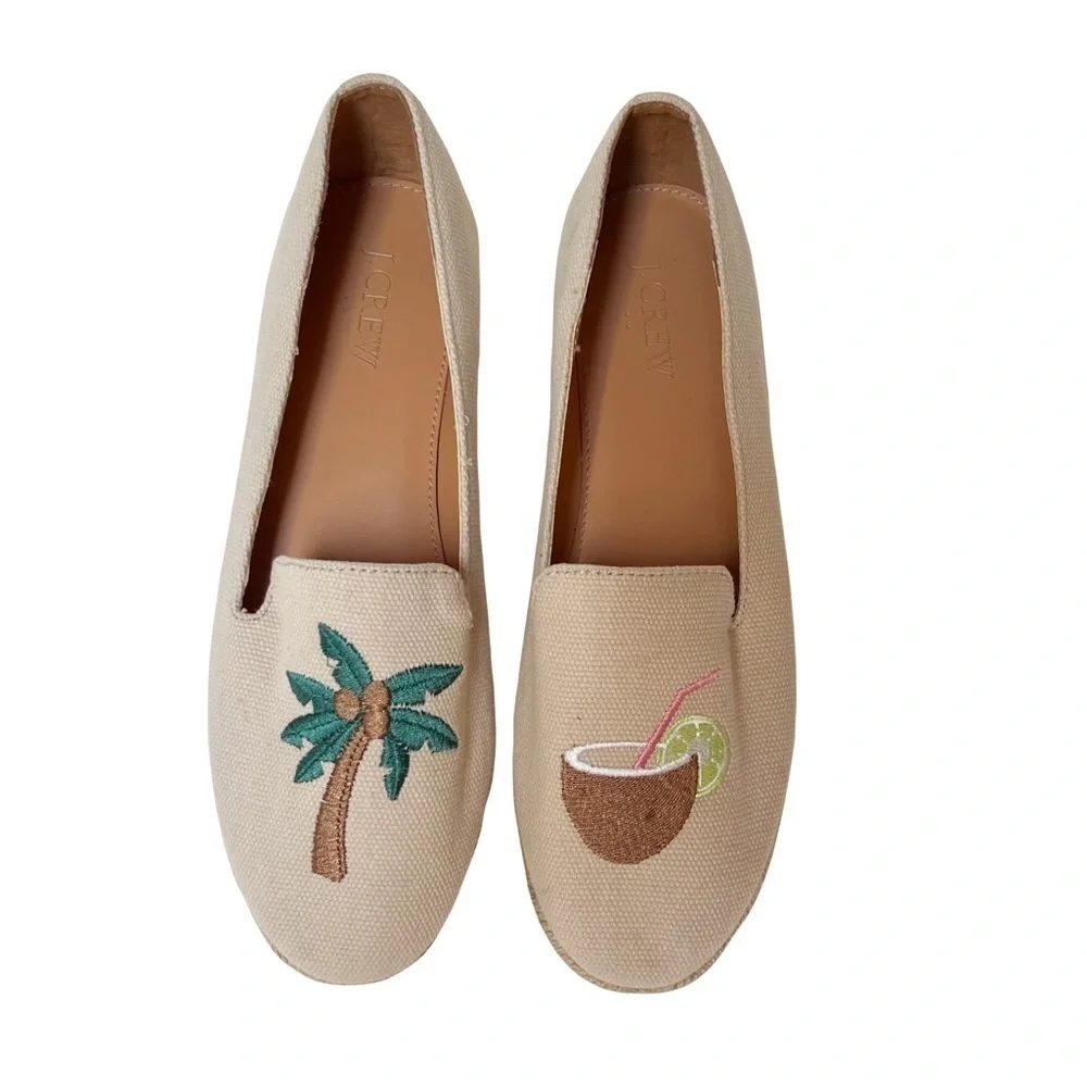 J Crew Factory Palm Tree Tropical Embroidered Slip-on Espadrilles Tan Canvas
